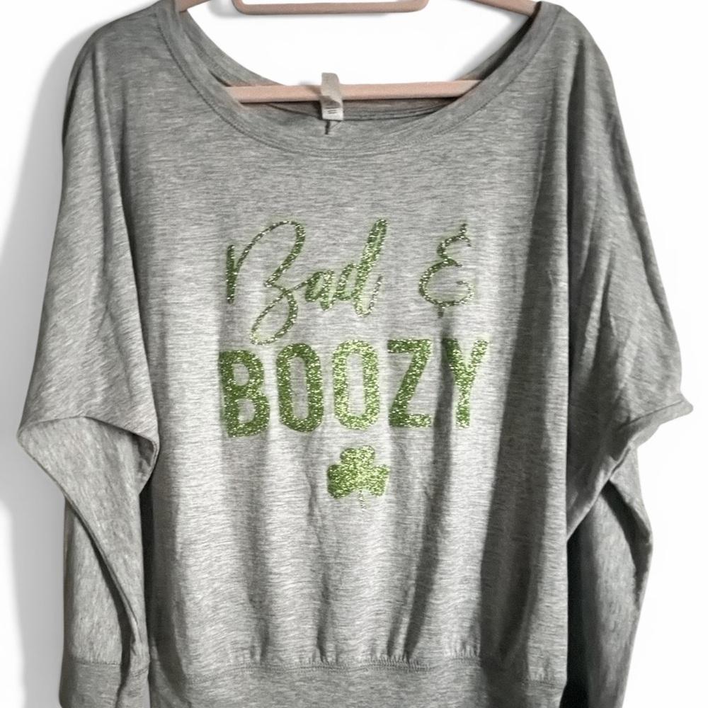 St. Patrick’s Day "Bad & Boozy" Graphic dolman sleeved shirt - Picture 3 of 5